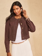 Love & Roses Chocolate Brown Denim Jacket With Cornelli Detail - Image 1 of 4