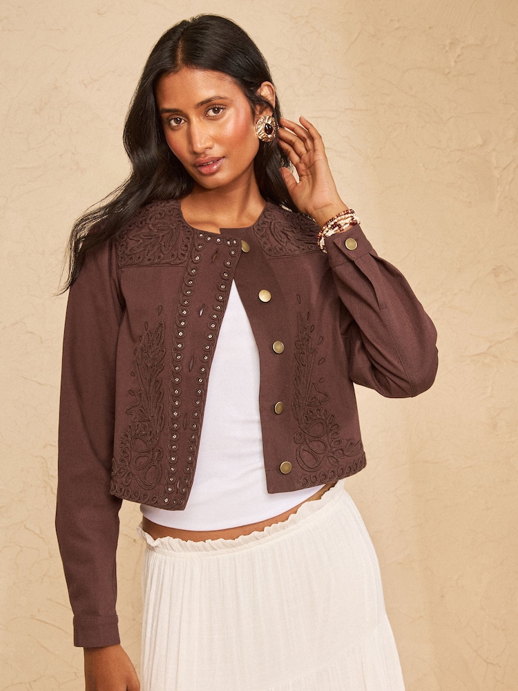 Love & Roses Chocolate Brown Denim Jacket With Cornelli Detail - Image 1 of 4