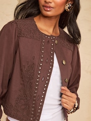 Love & Roses Chocolate Brown Denim Jacket With Cornelli Detail - Image 2 of 4