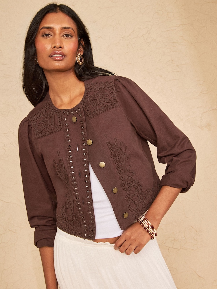 Love & Roses Chocolate Brown Denim Jacket With Cornelli Detail - Image 4 of 4