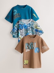 Blue/Grey/Tan Relaxed Fit Graphic Print Short Sleeve T-Shirts 3 Pack (3-16yrs) - Image 1 of 7