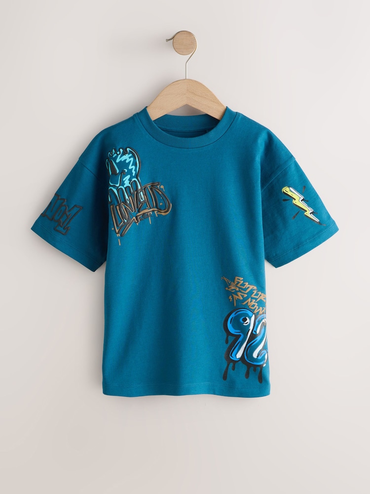 Blue/Grey/Tan Relaxed Fit Graphic Print Short Sleeve T-Shirts 3 Pack (3-16yrs) - Image 2 of 7