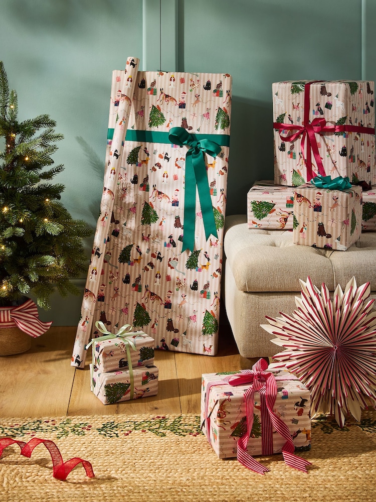 Natural Striped Festive Dog Extra Wide 10M Christmas Wrapping Paper - Image 1 of 3 Natural Striped Festive Dog Extra Wide 10M Christmas Wrapping Paper - Image 1 of 3