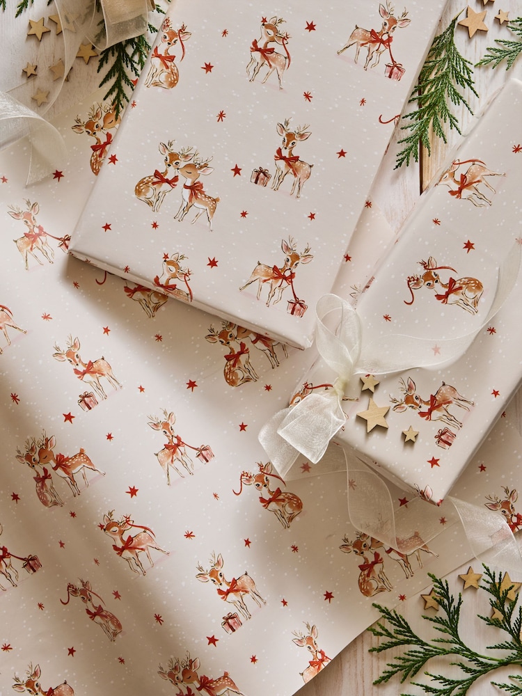 Natural Cream Deer Print Standard Width 15m Christmas Wrapping Paper - Image 1 of 3 Natural Cream Deer Print Standard Width 15m Christmas Wrapping Paper - Image 1 of 3