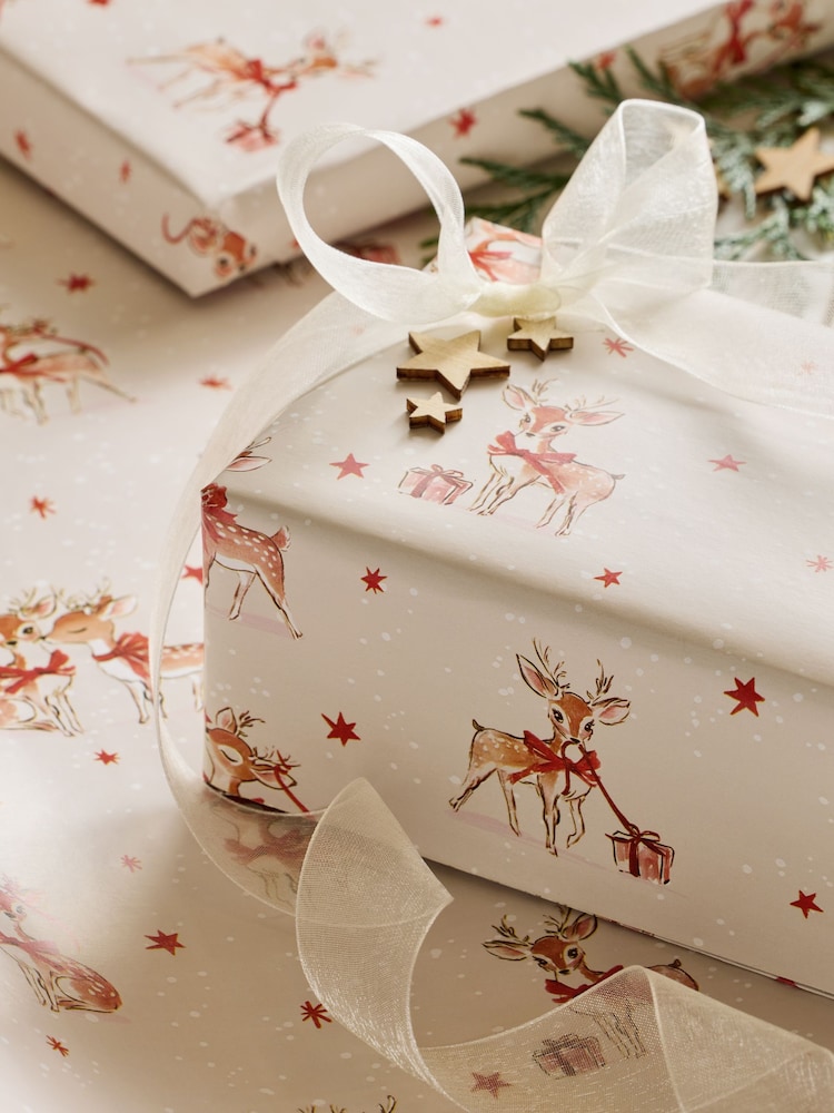 Natural Cream Deer Print Standard Width 15m Christmas Wrapping Paper - Image 2 of 3 Natural Cream Deer Print Standard Width 15m Christmas Wrapping Paper - Image 2 of 3