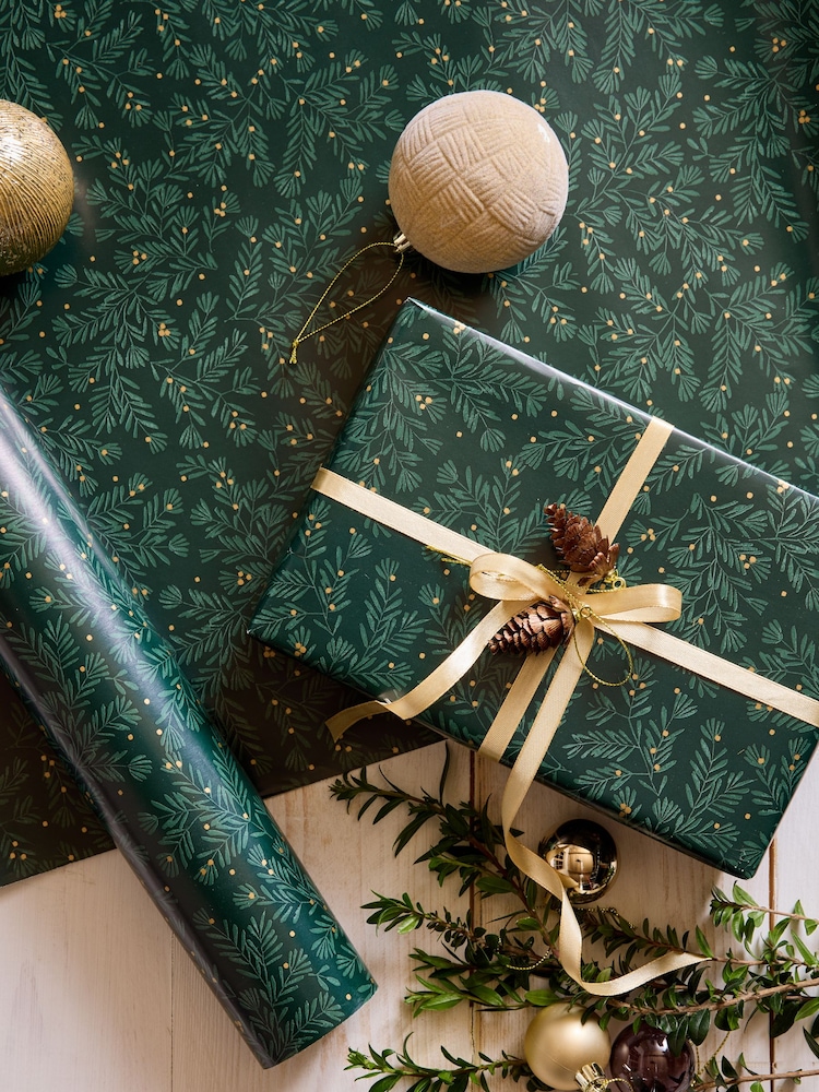 Green Foliage Sprig Standard Width 15m Christmas Wrapping Paper - Image 1 of 4 Green Foliage Sprig Standard Width 15m Christmas Wrapping Paper - Image 1 of 4