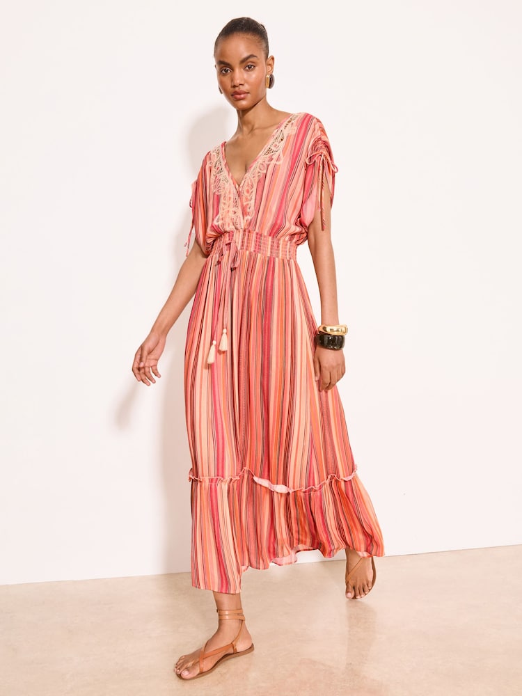 Lipsy Pink/Orange Stripe Print Crochet Trim Tassels V-Neck Maxi Dress - Image 1 of 4 Lipsy Pink/Orange Stripe Print Crochet Trim Tassels V-Neck Maxi Dress - Image 1 of 4