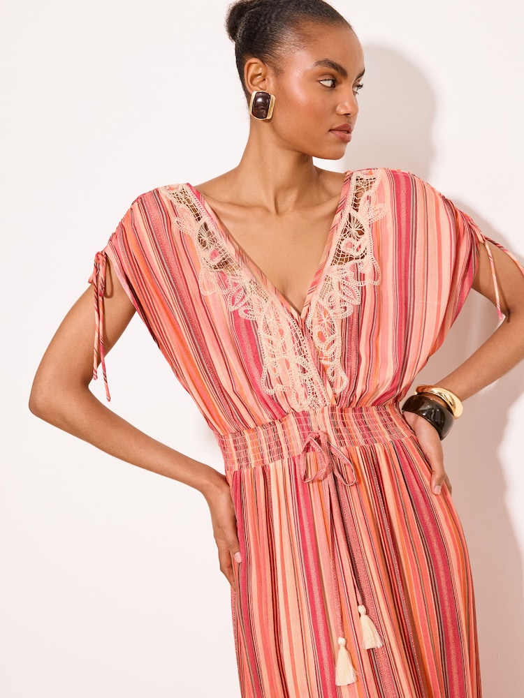 Lipsy Pink/Orange Stripe Print Crochet Trim Tassels V-Neck Maxi Dress - Image 2 of 4 Lipsy Pink/Orange Stripe Print Crochet Trim Tassels V-Neck Maxi Dress - Image 2 of 4