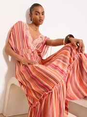 Lipsy Pink/Orange Stripe Print Crochet Trim Tassels V-Neck Maxi Dress - Image 3 of 4