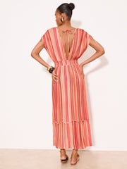 Lipsy Pink/Orange Stripe Print Crochet Trim Tassels V-Neck Maxi Dress - Image 4 of 4