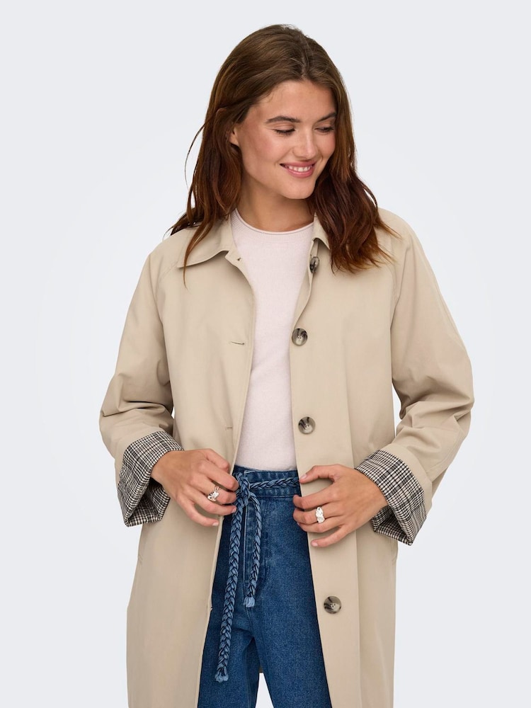ONLY Natural Single Breasted Check Trench Coat - Image 1 of 6