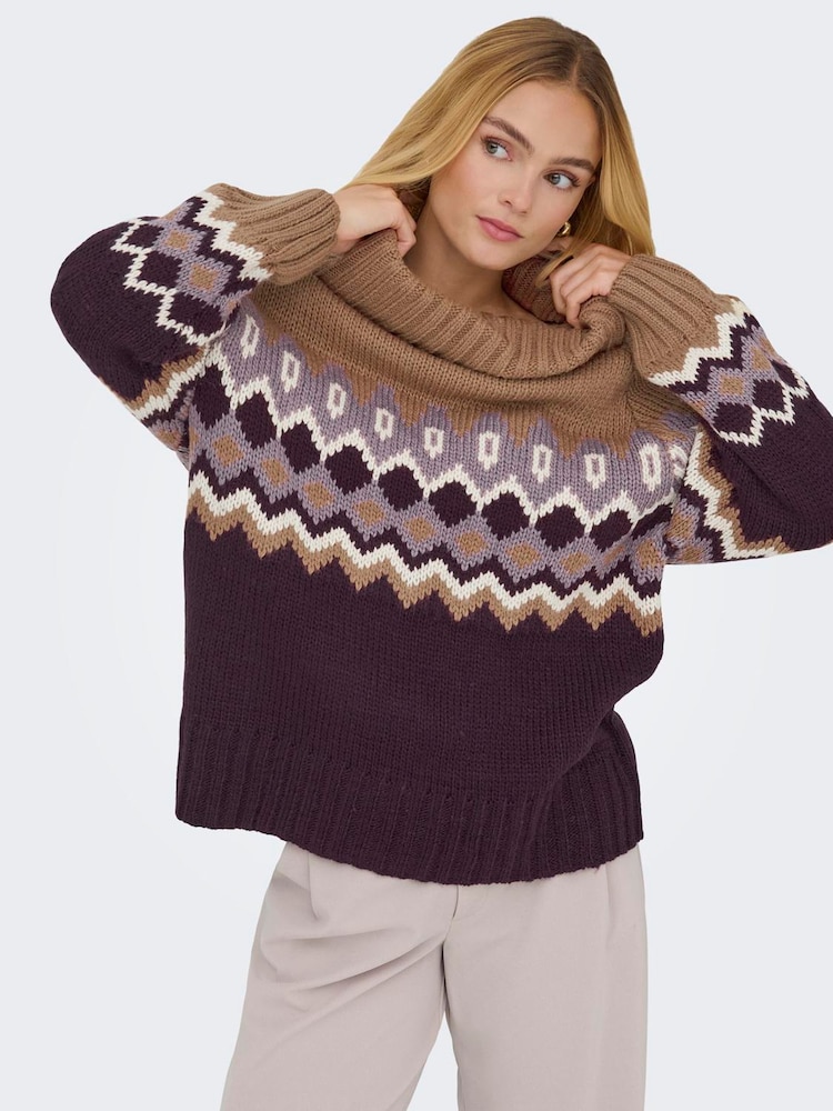 ONLY Brown Cosy Roll Neck Fairisle Pattern Jumper - Image 1 of 6 ONLY Brown Cosy Roll Neck Fairisle Pattern Jumper - Image 1 of 6