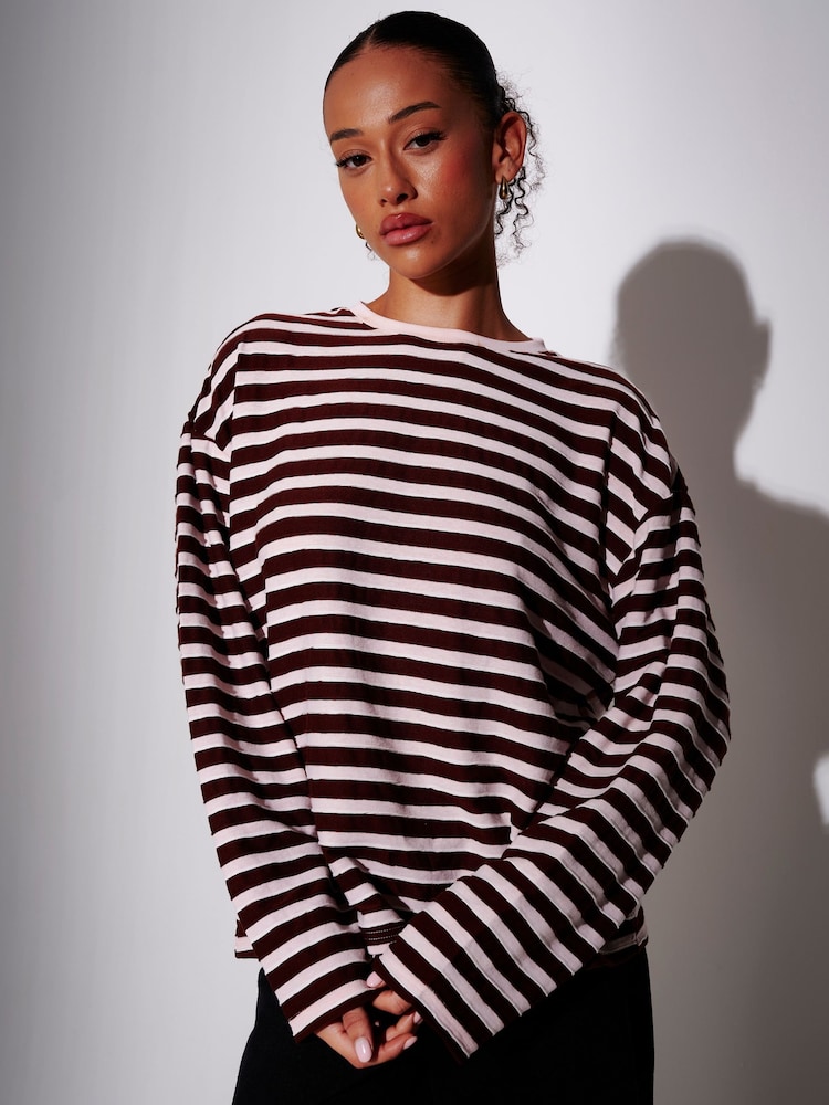 South Beach Brown Textured Stripe Long Sleeve T-Shirt - Image 1 of 4