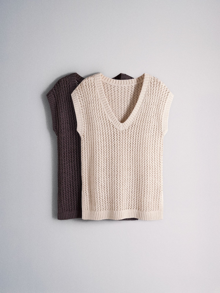 The Set 2 Pack Open Knit Beach Cover Up T-Shirt Cream/ Chocolate Brown - Image 2 of 10