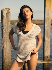 The Set 2 Pack Open Knit Beach Cover Up T-Shirt Cream/ Chocolate Brown - Image 5 of 10