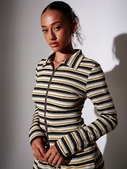 South Beach Yellow Towelling Stripe Collared Long Sleeve Zip Through Top - Image 1 of 5