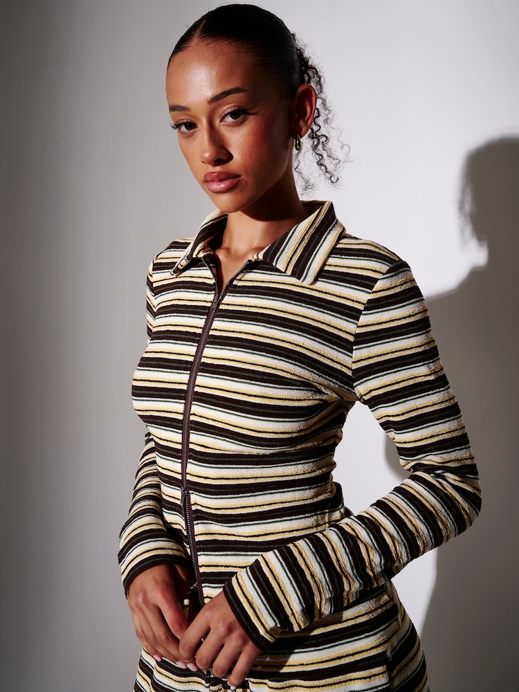 South Beach Yellow Towelling Stripe Collared Long Sleeve Zip Through Top - Image 1 of 5