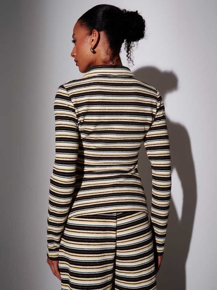 South Beach Yellow Towelling Stripe Collared Long Sleeve Zip Through Top - Image 2 of 5