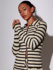 South Beach Yellow Towelling Stripe Collared Long Sleeve Zip Through Top - Image 3 of 5