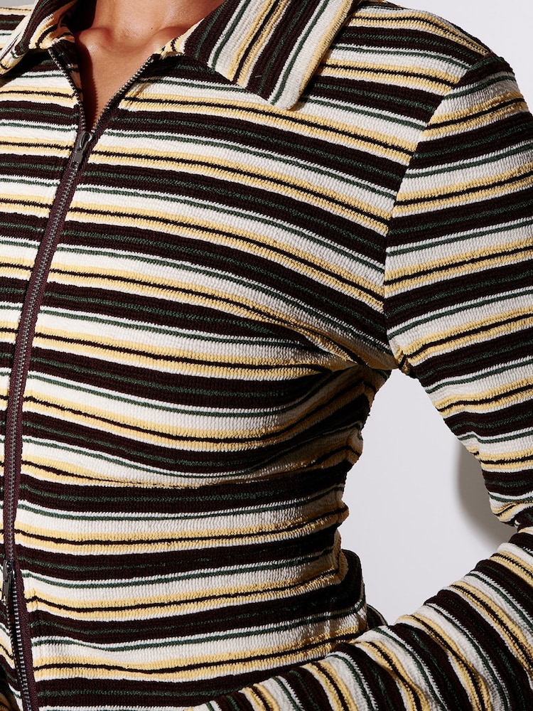 South Beach Yellow Towelling Stripe Collared Long Sleeve Zip Through Top - Image 5 of 5