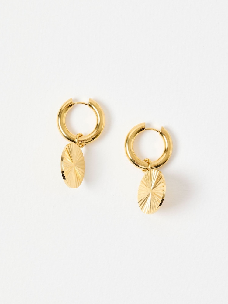 Oliver Bonas Gold Tone Stainless Steel Waterproof Etched Disc Drop Earrings - Image 2 of 7 Oliver Bonas Gold Tone Stainless Steel Waterproof Etched Disc Drop Earrings - Image 2 of 7