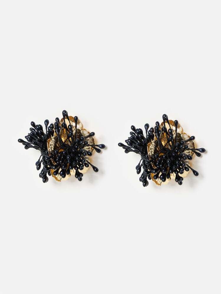 Oliver Bonas Black Delphina Stem Large Gold Toned Flower Statement Earrings - Image 1 of 5
