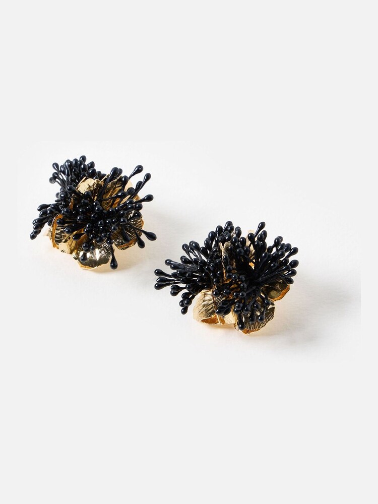 Oliver Bonas Black Delphina Stem Large Gold Toned Flower Statement Earrings - Image 2 of 5