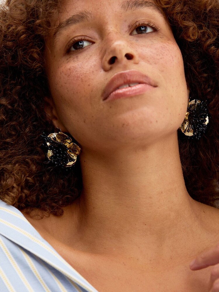 Oliver Bonas Black Delphina Stem Large Gold Toned Flower Statement Earrings - Image 5 of 5