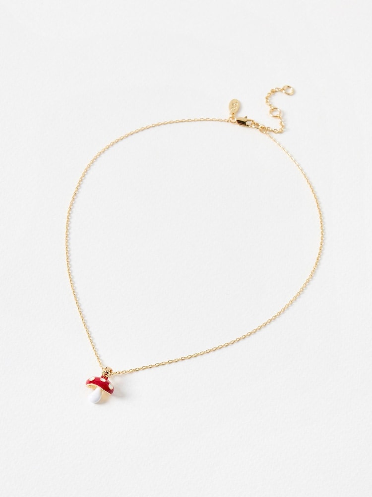 Oliver Bonas Red Gold Toned & Enamel Toadstool Pendant Necklace - Image 2 of 4