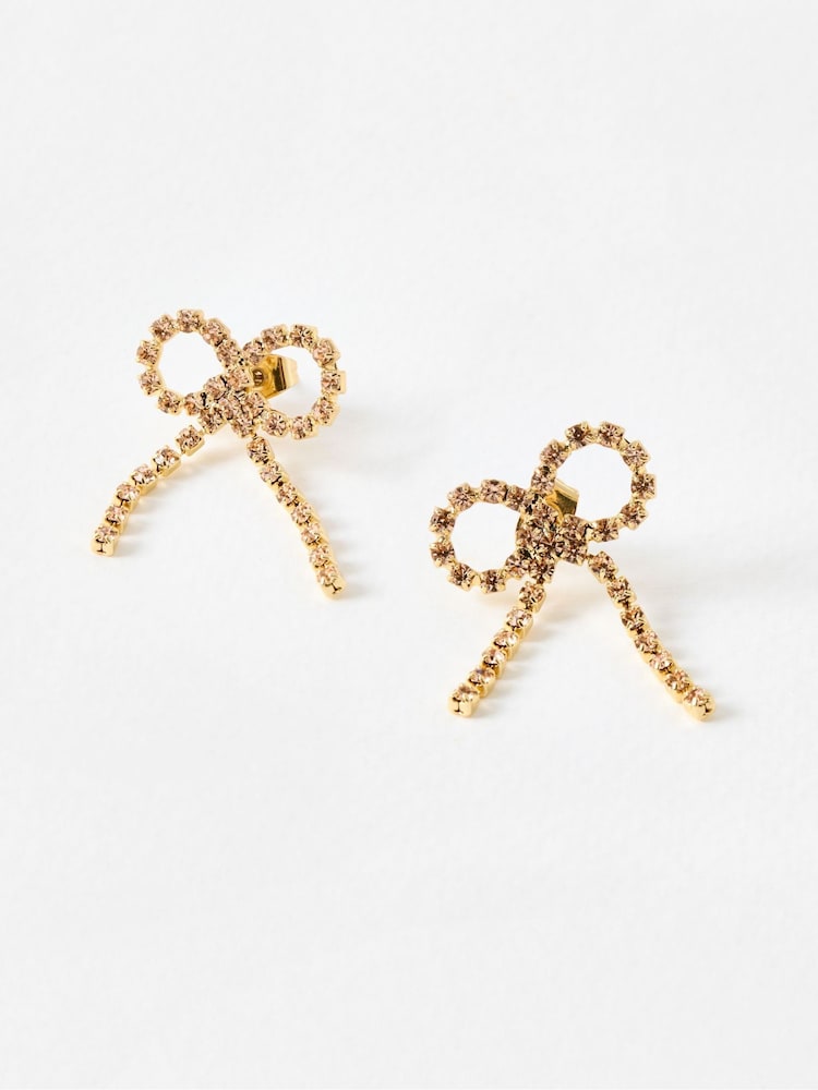 Oliver Bonas Pink Adelie Stone Chain Bow Stud Earrings - Image 2 of 4