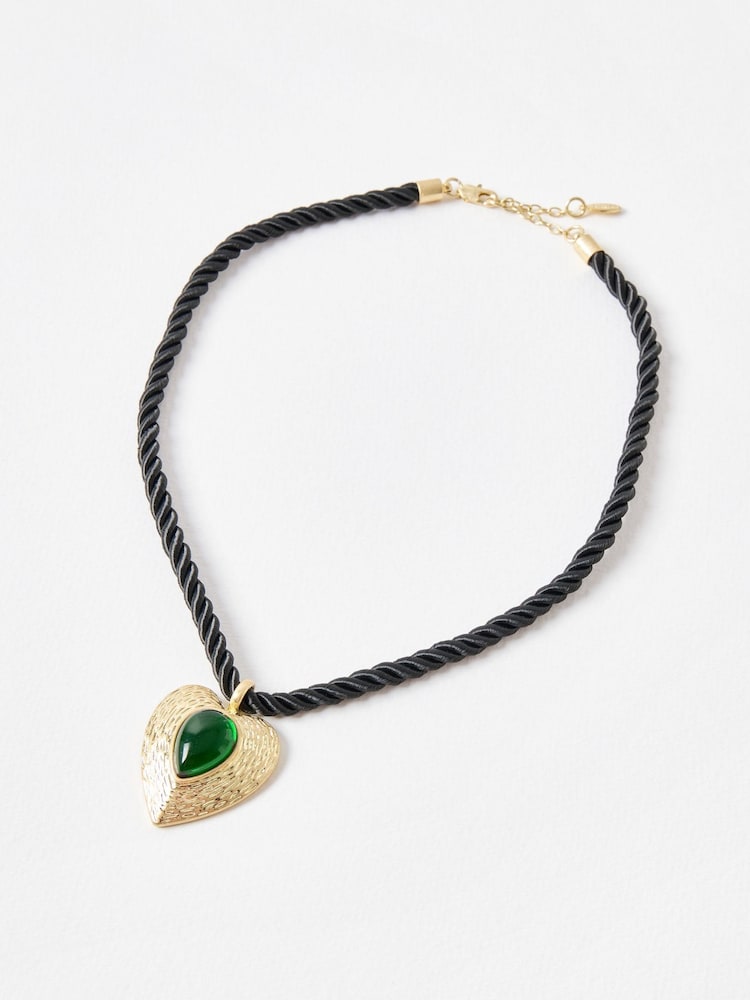Oliver Bonas Black Calli Green Stone Textured Heart Pendant Cord Necklace - Image 1 of 4