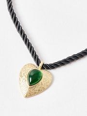 Oliver Bonas Black Calli Green Stone Textured Heart Pendant Cord Necklace - Image 2 of 4
