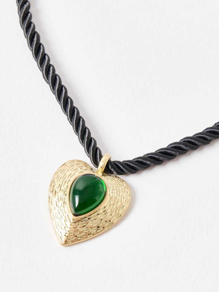 Oliver Bonas Black Calli Green Stone Textured Heart Pendant Cord Necklace - Image 2 of 4