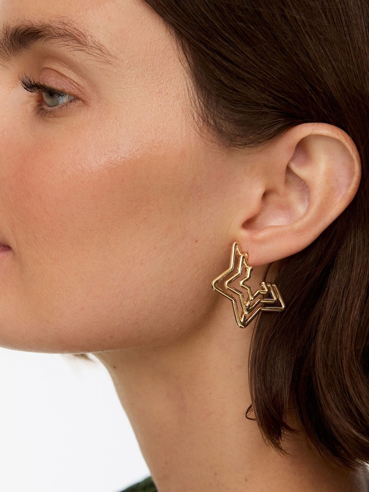 Oliver Bonas Gold Tone Ember Layered Star Hoop Earrings - Image 5 of 5