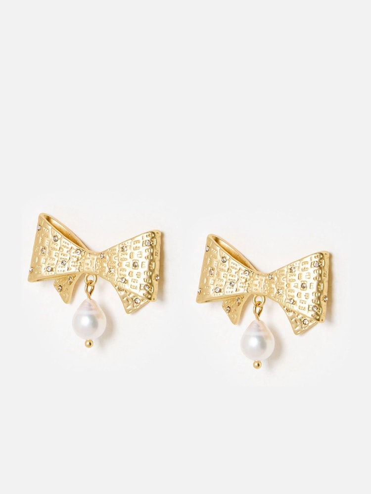 Oliver Bonas Gold Tone Annalise Freshwater Pearl Drop Bow Statement Earrings - Image 1 of 5