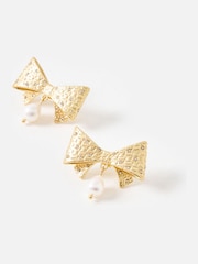 Oliver Bonas Gold Tone Annalise Freshwater Pearl Drop Bow Statement Earrings - Image 2 of 5