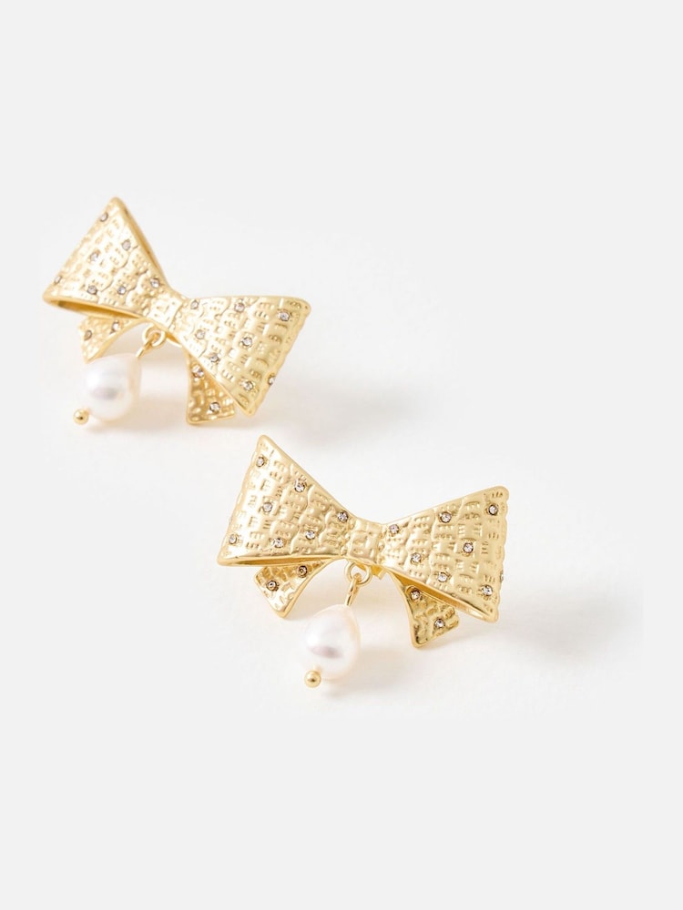 Oliver Bonas Gold Tone Annalise Freshwater Pearl Drop Bow Statement Earrings - Image 2 of 5