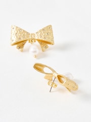 Oliver Bonas Gold Tone Annalise Freshwater Pearl Drop Bow Statement Earrings - Image 4 of 5