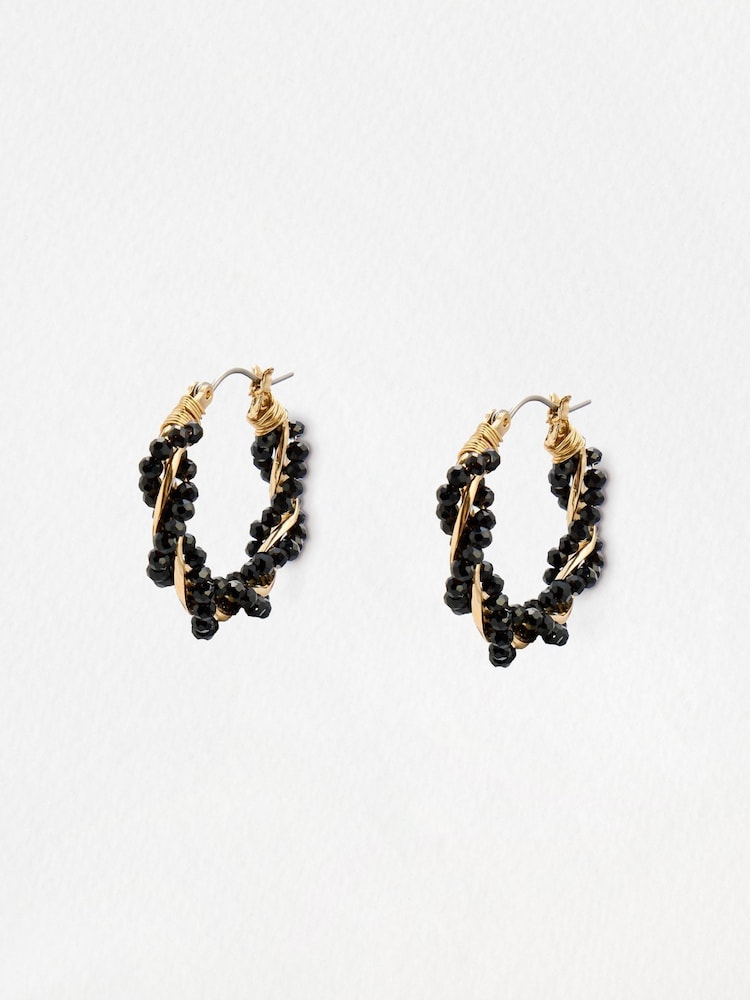 Oliver Bonas Black Vallen Twisted Black Beaded Hoop Earrings - Image 1 of 5