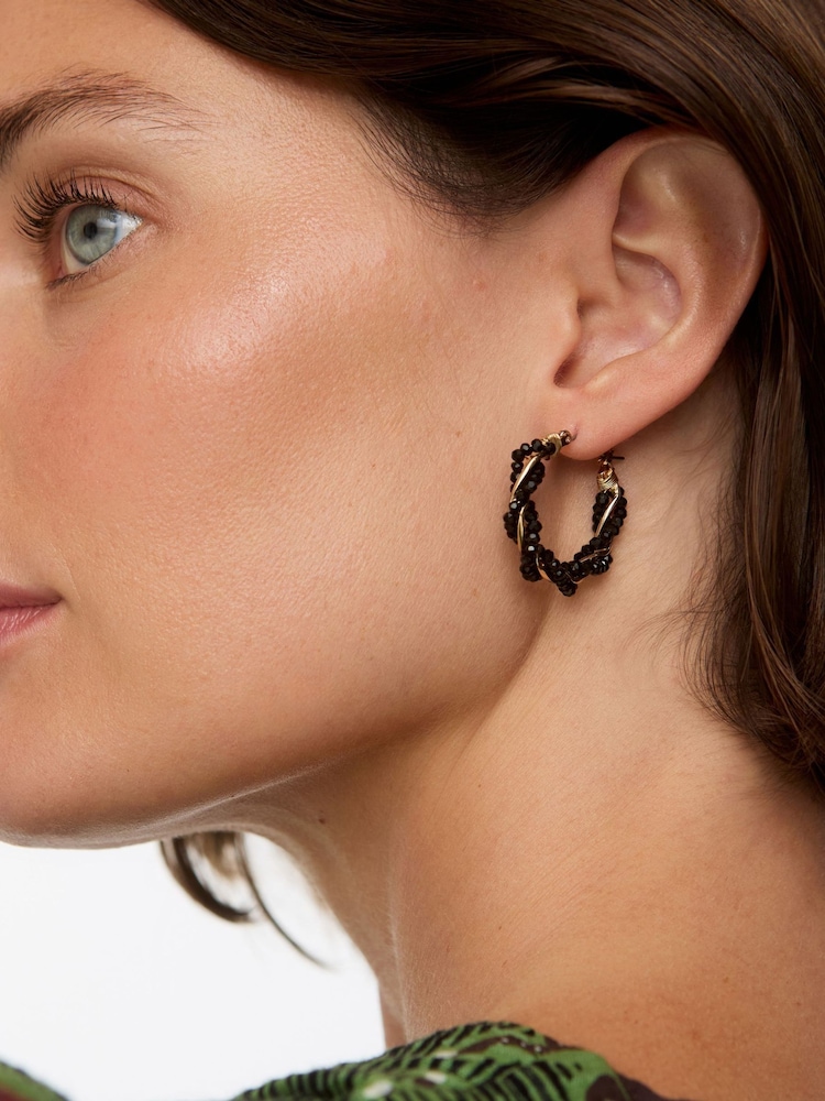 Oliver Bonas Black Vallen Twisted Black Beaded Hoop Earrings - Image 5 of 5