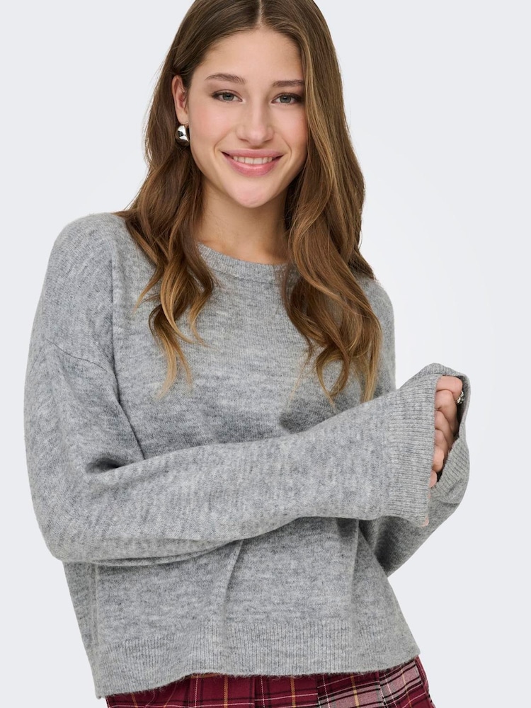 ONLY Grey Round Neck Cosy Knitted Pullover Jumper - Image 1 of 6 ONLY Grey Round Neck Cosy Knitted Pullover Jumper - Image 1 of 6