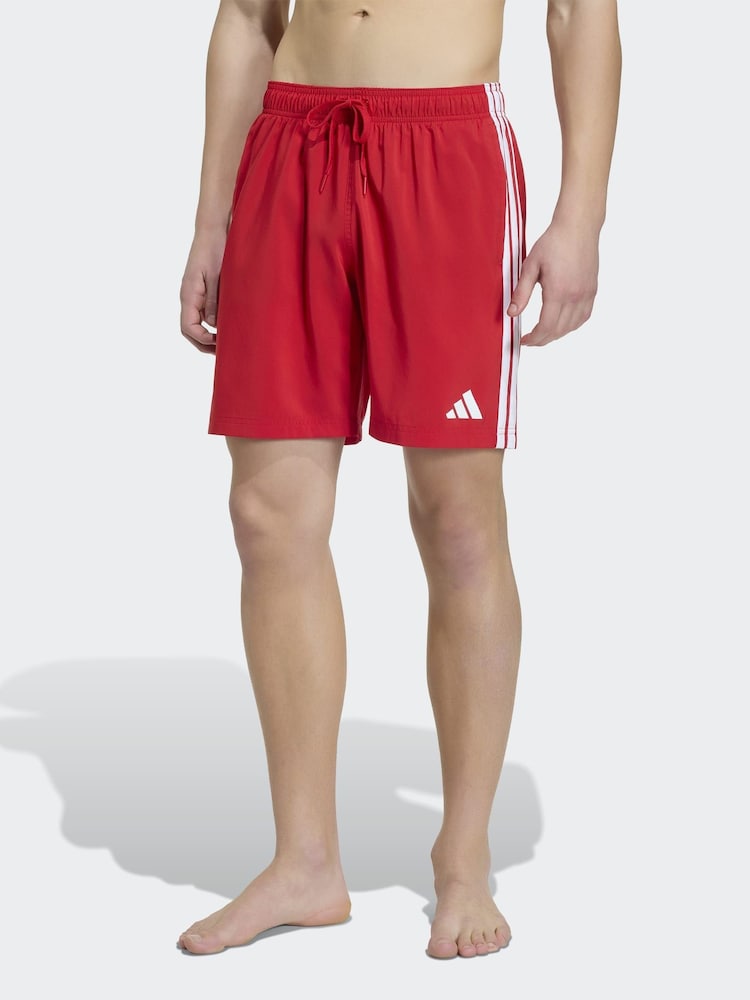 adidas Red 3 Stripes Swim Shorts 8 Inch - Image 1 of 5 adidas Red 3 Stripes Swim Shorts 8 Inch - Image 1 of 5