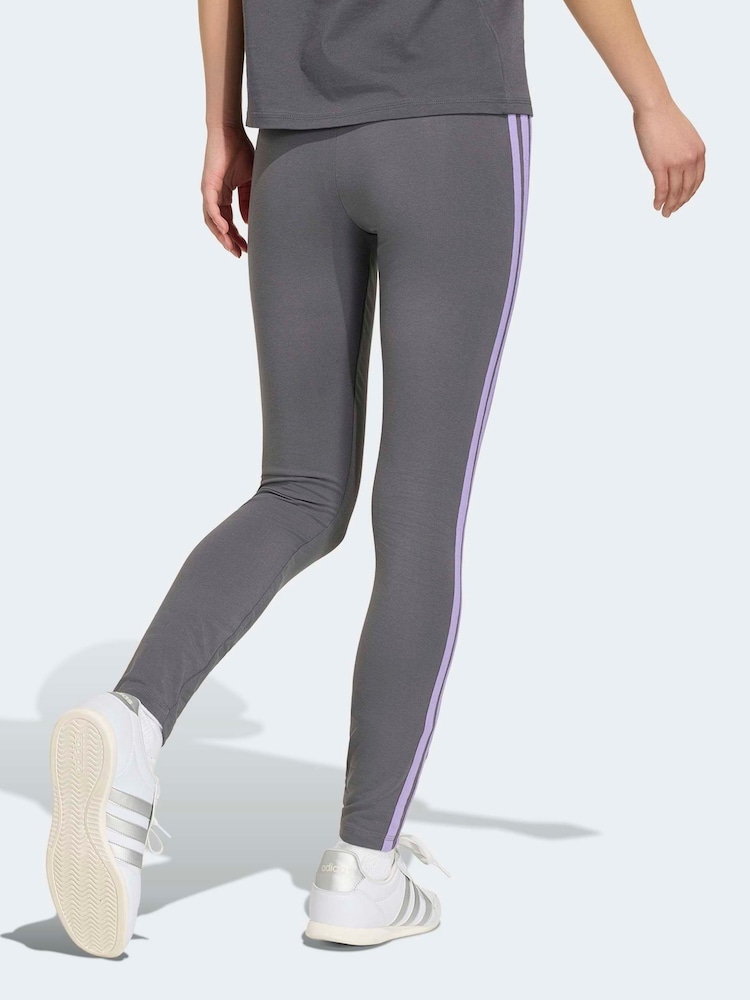 adidas Grey/Purple Essentials 3-Stripes Cotton Leggings - Image 2 of 6 adidas Grey/Purple Essentials 3-Stripes Cotton Leggings - Image 2 of 6