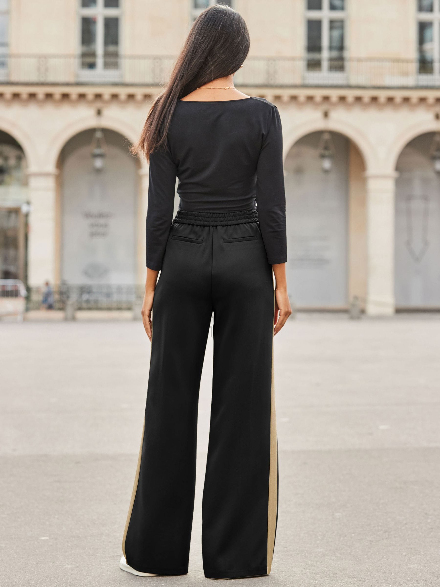 Buy Sosandar Black/Cream Side Stripe Wide Leg Trousers from the