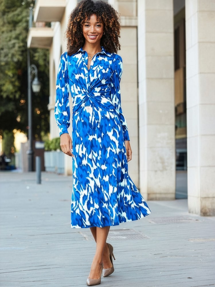 Sosandar White Floral Print Twist Front Shirt Dress - Image 1 of 5