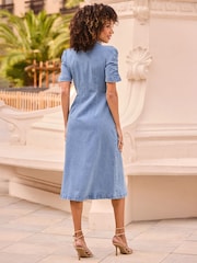 Sosandar Blue Ruched Waist Fit & Flare Dress - Image 3 of 5
