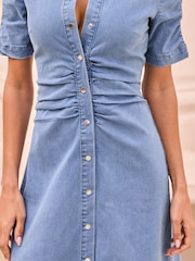 Sosandar Blue Ruched Waist Fit & Flare Dress - Image 4 of 5