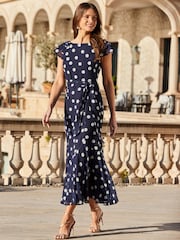 Sosandar Blue Spot Print Frill Hem Midaxi Dress - Image 1 of 4
