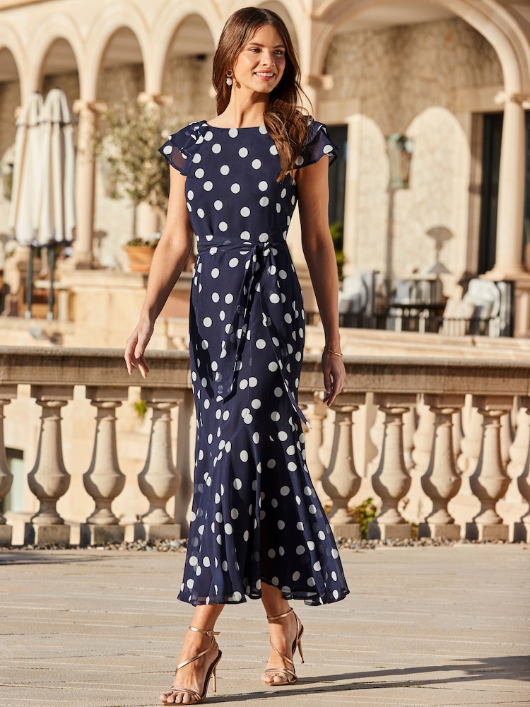 Sosandar Blue Spot Print Frill Hem Midaxi Dress - Image 1 of 4