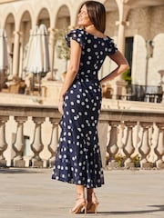Sosandar Blue Spot Print Frill Hem Midaxi Dress - Image 2 of 4